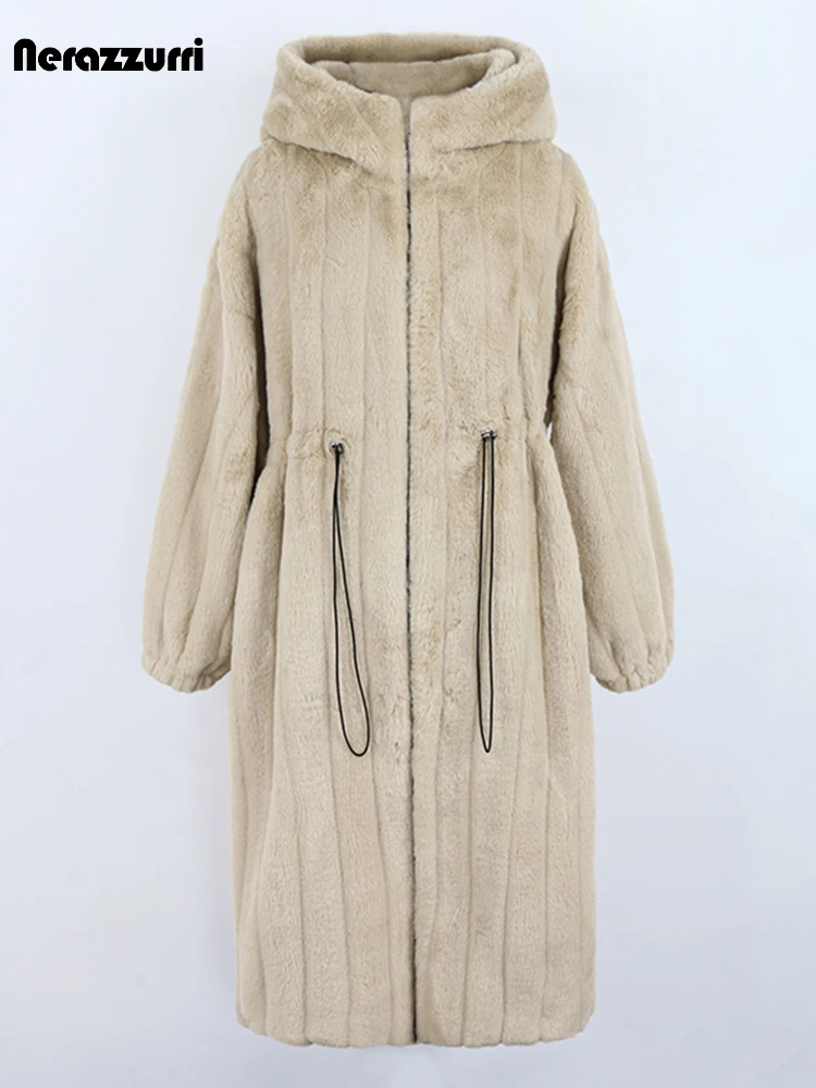 Nerazzurri Winter Long Oversized Thick Warm Striped Soft Fluffy Faux Fur Coat Women with Hood Drawstring Luxury Designer Clothes - Image 3