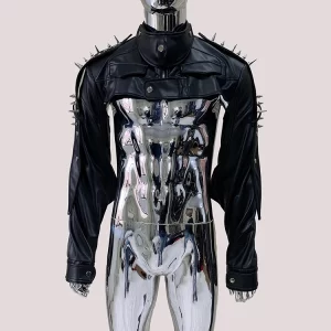 Mauroicardi Cool Black Cropped Pu Leather Jacket Men Rivet Shoulder Pads Zip Up Short Luxury Punk Style Clothes European Fashion