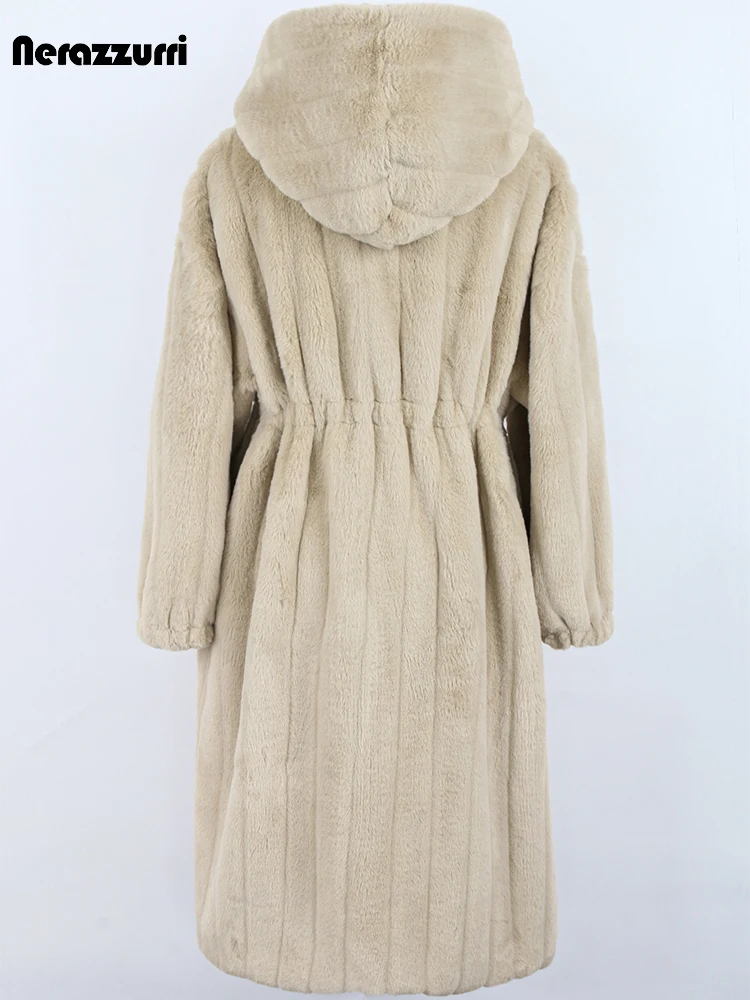 Nerazzurri Winter Long Oversized Thick Warm Striped Soft Fluffy Faux Fur Coat Women with Hood Drawstring Luxury Designer Clothes - Image 4