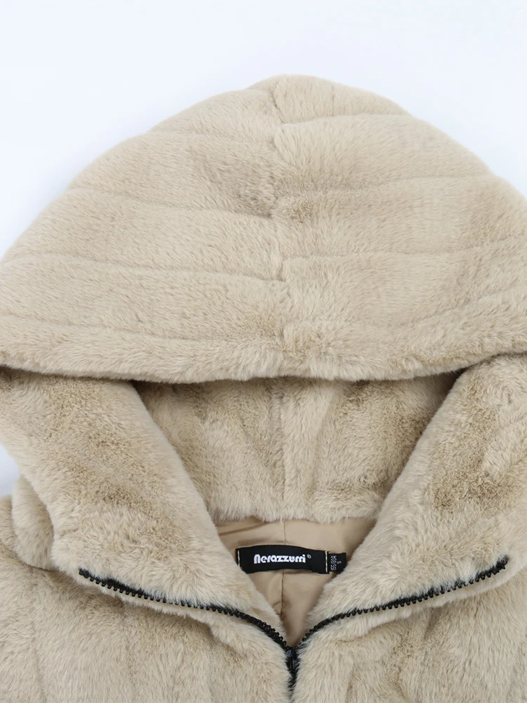 Nerazzurri Winter Long Oversized Thick Warm Striped Soft Fluffy Faux Fur Coat Women with Hood Drawstring Luxury Designer Clothes - Image 5