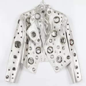 Nerazzurri Spring Autumn Short Hollow Out Pu Leather Jacket Women Rivet Cool Stylish Luxury Designer Clothes Runway Fashion 2024