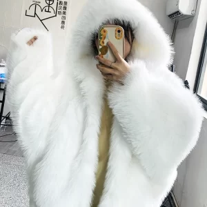 Nerazzurri Autumn Winter Oversized White Black Warm Shaggy Hairy Faux Fur Coat Women with Hood Loose Casual Fluffy Jacket 2023