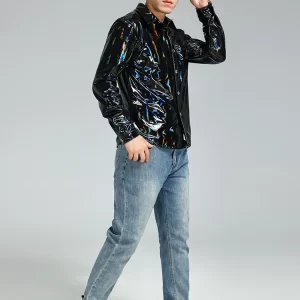 Nerazzurri Spring Autumn Cool Handsome Short Black Hologram Shiny Reflective Patent Faux Leather Shirt Men 2023 Leather Jacket