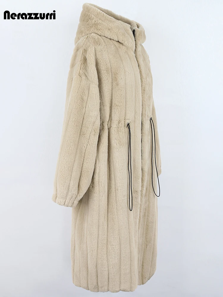Nerazzurri Winter Long Oversized Thick Warm Striped Soft Fluffy Faux Fur Coat Women with Hood Drawstring Luxury Designer Clothes - Image 2