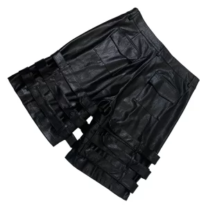 Nerazzurri Summer Autumn Cool Black Pu Leather Shorts for Men with Many Belts High Waist Knee Length Straight Pants Clothes 2025