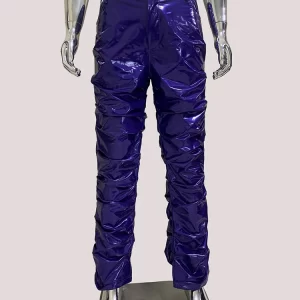 Nerazzurri Spring Autumn Fitted Ruched Shiny Reflective Purple Stretchy Soft Thin Faux Leather Stacked Pants Men Y2K Streetwear