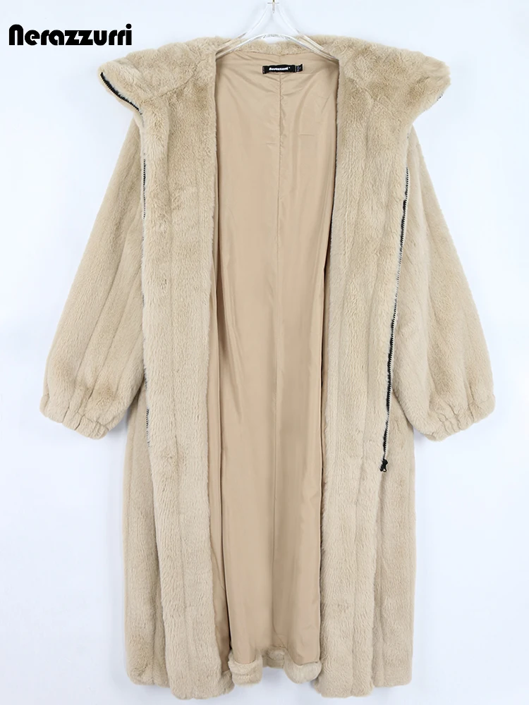 Nerazzurri Winter Long Oversized Thick Warm Striped Soft Fluffy Faux Fur Coat Women with Hood Drawstring Luxury Designer Clothes